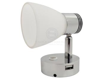 LED Bulkhead Reading Light + USB Outlet Chrome / White Housing Head